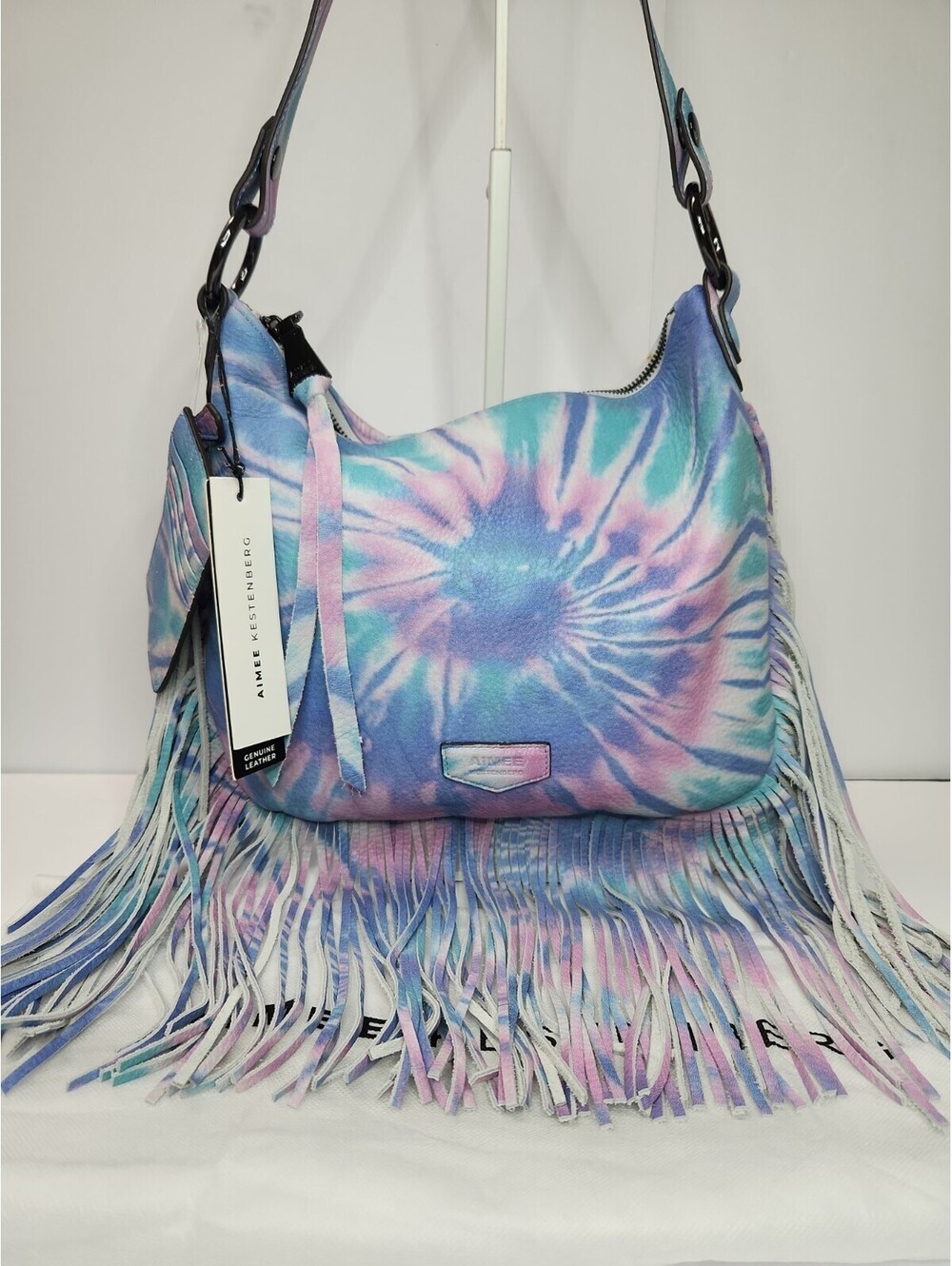 NWT Aimee Kestenberg Kane Convertible Lthr Bag Purse Tie-Dy Blu Pnk fringe RARE! - Picture 5 of 9